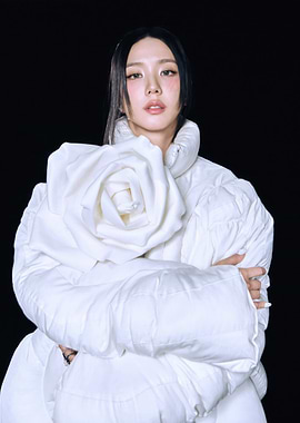 Woman in White Rose Puffer Jacket