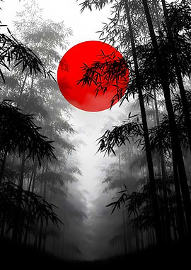 Bamboo Forest with Red Sun