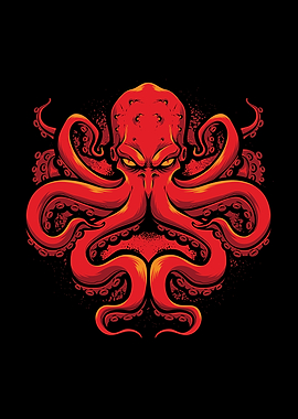 Red Octopus Illustration on Black Background