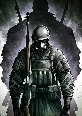 Soldier with Gas Mask and Rifle