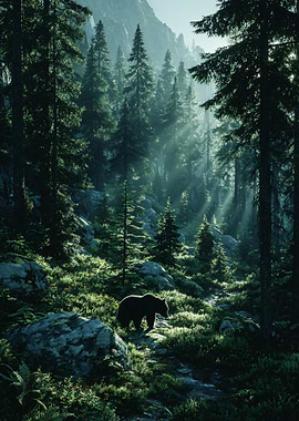 Bear in a sunlit forest
