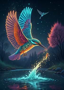 Neon Kingfisher Catching Fish at Night