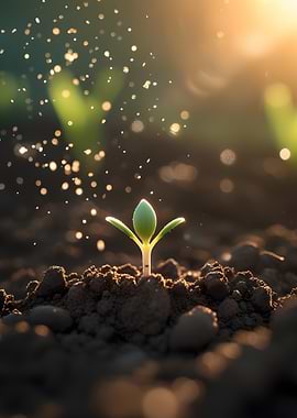 Sprout in Soil with Water Droplets