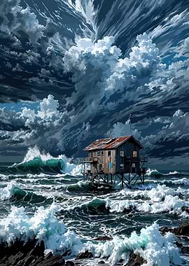 House on Stilts in Stormy Sea