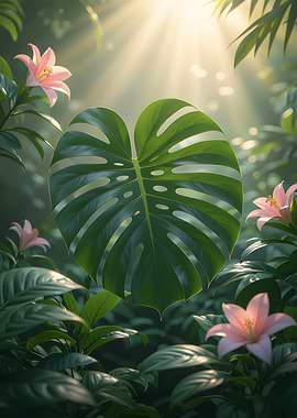 Tropical Monstera Leaf with Sunlight – Botanical Nature art