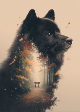 Shiba Inu and Autumn Forest Double Exposure