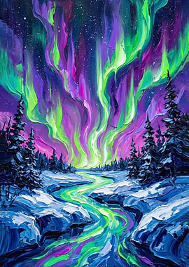 Aurora Borealis Winter Landscape Painting