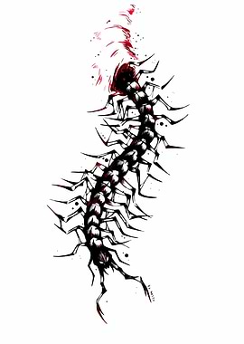 Centipede Illustration with Red Accents