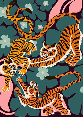 Tigers in Floral Jungle Illustration