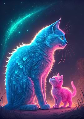 Neon mother cat with her baby