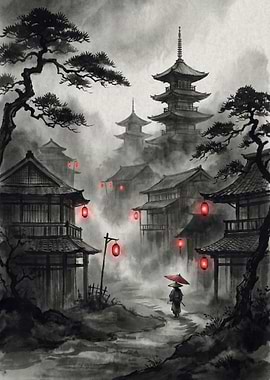 Japanese Village Ink Wash Painting