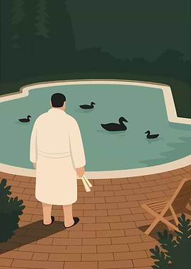 Man in Robe by Pool with Ducks