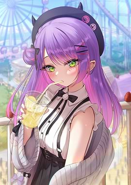 Anime Girl with Lemonade at Amusement Park