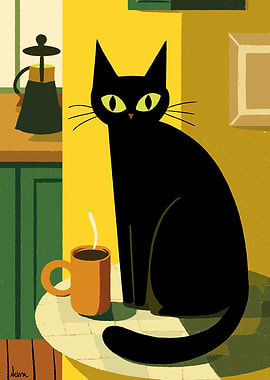 Black Cat and Coffee Still Life
