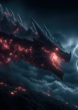 Fiery Dragon in Stormy Landscape