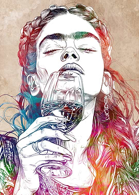Woman Drinking Wine Colorful Art
