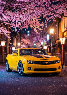 Car Yellow Camaro Cherry Blossoms
