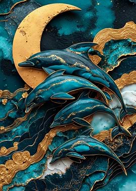 Dolphins and Moon in Teal and Gold