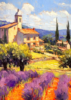 Provence France Lavender Field with Church Painting
