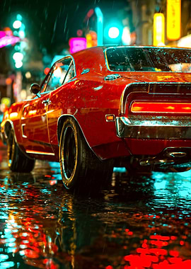 Red Classic Car in Rainy Neon Cityscape