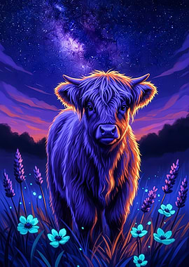 Highland Cow Under Starry Night