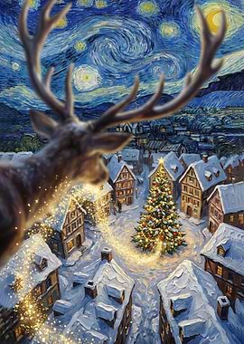 Christmas Village with Deer and Starry Night