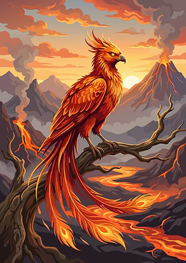 Phoenix Bird on Volcanic Landscape