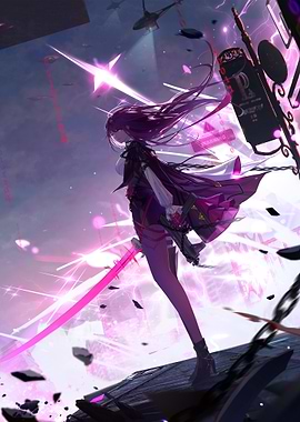 honkai Girl with Sword in Futuristic City