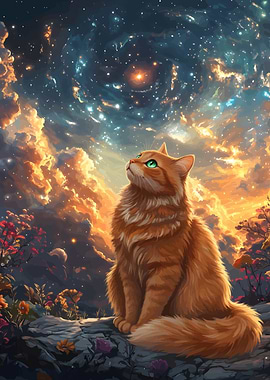 Ginger Cat Gazing at Starry Sky