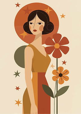 Abstract Woman with Flowers and Stars