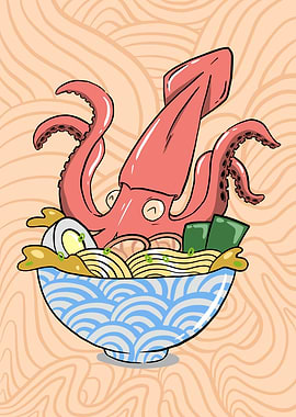 Squid in Ramen Bowl Illustration