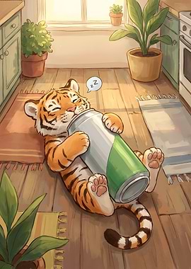 Sleeping Tiger with Drink in Kitchen