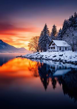 Winter Cabin at Sunset Reflection
