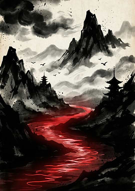 Japanese Landscape with Red River