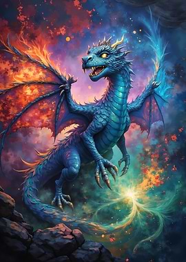 Blue Dragon with Fiery Wings
