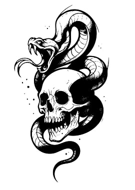 Snake and Skull Blackwork Illustration