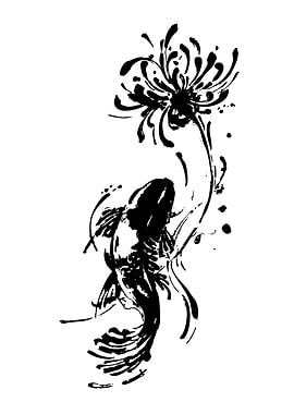 Koi Fish and Chrysanthemum Ink Drawing