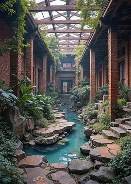 Brick Building with Waterway and Plants