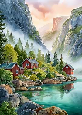 Nordic fjord with Red Cabins