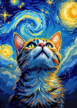 Cat gazing at starry night sky