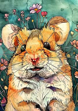 Watercolor Hamster with Flowers