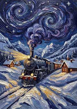 Winter Train Ride Under Starry Night