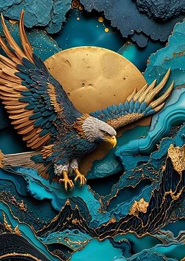 Eagle in Flight in Teal and Gold