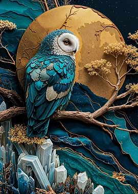 Owl on Branch with Golden Moon