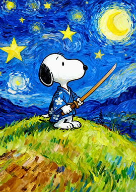 Snoopy Samurai Starry Night Painting