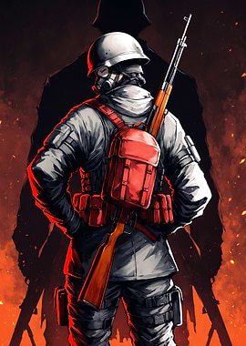 Soldier with Rifle in Fiery Setting