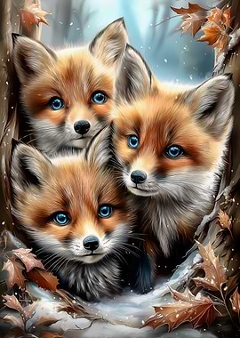 Three Fox Cubs in Winter Forest