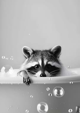 Raccoon in Bathtub with Bubbles
