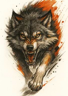 Aggressive Wolf Watercolor Illustration