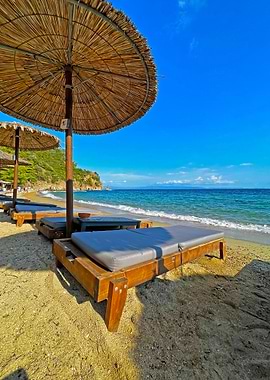 Beach loungers with umbrellas on sandy beach